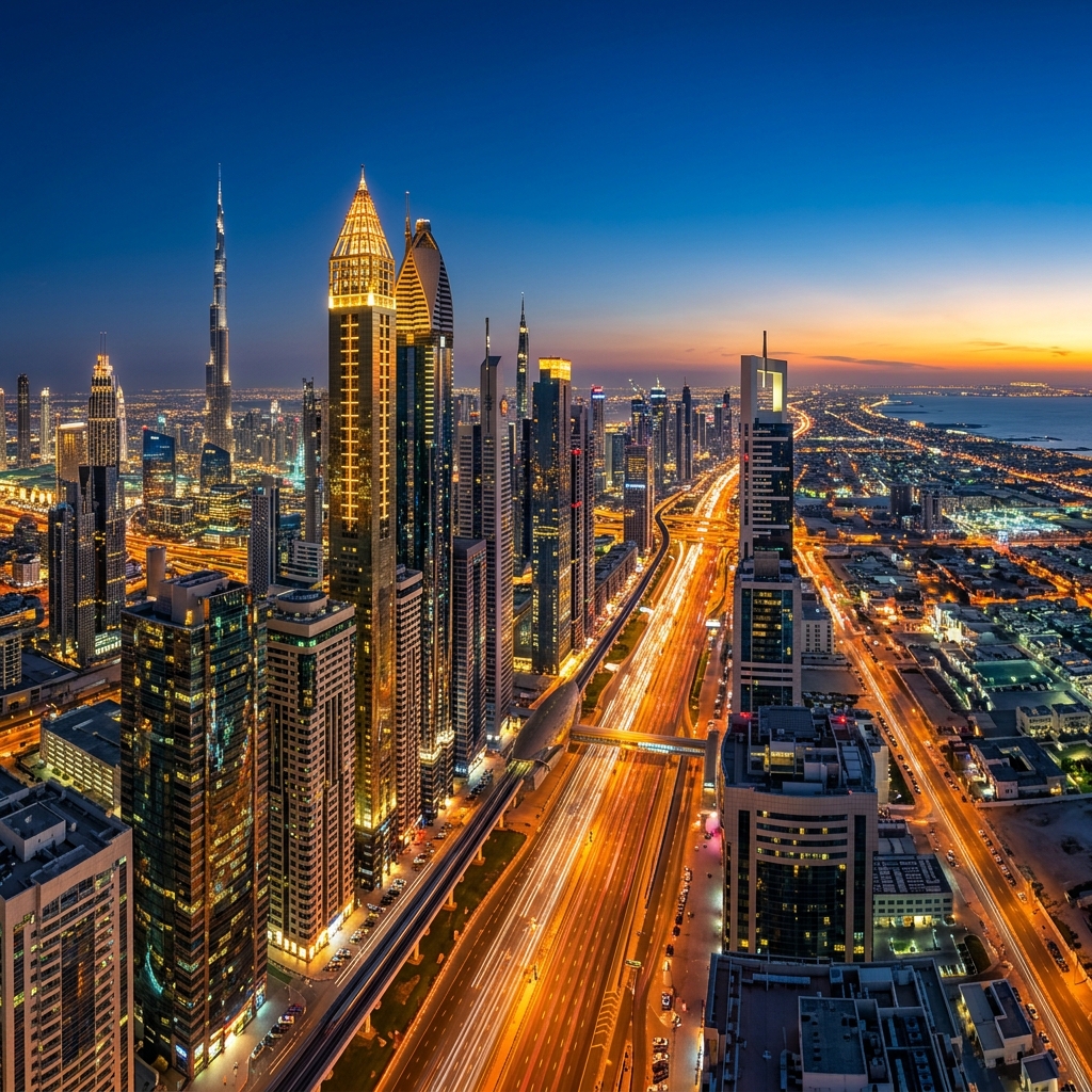 Dubai Sheikh Zayed Road skyline at dusk – location of Franklin Morgan Law Dubai office